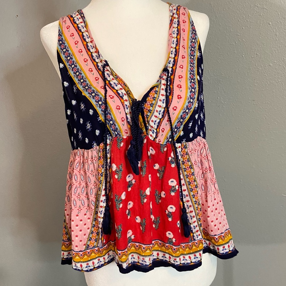 Patrons of Peace Women's Multicolored Patchwork Bohemian Babydoll Top Size Small